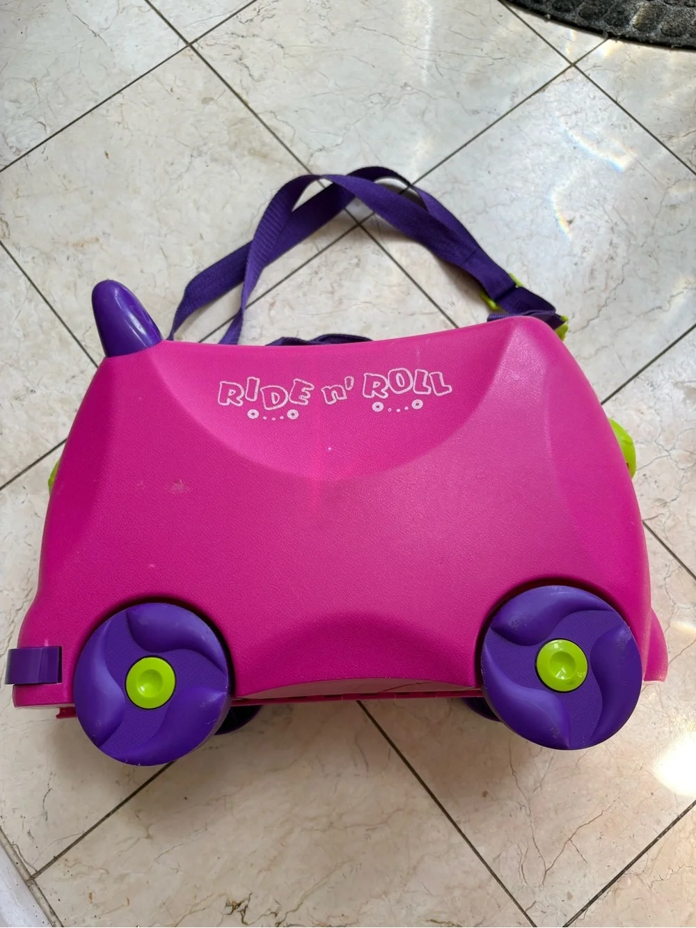 Ride'n Roll Pink Kids Ride-On Suitcase with- Purple Straps Accents